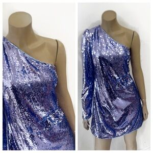 BARDOT cornflower blue sequin one sleeve mini dress. Size XL.